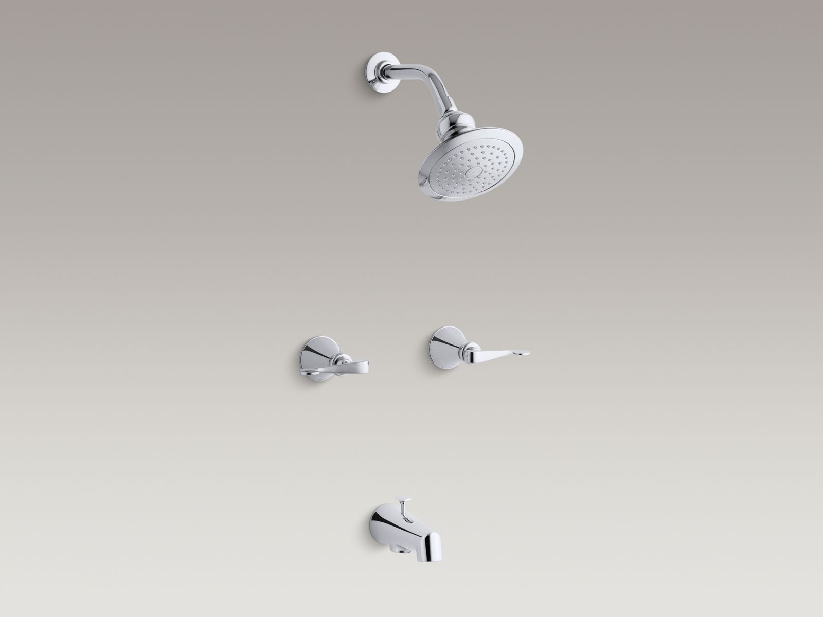 Revival® bath and shower faucet with scroll lever handles and standard showerarm and flange