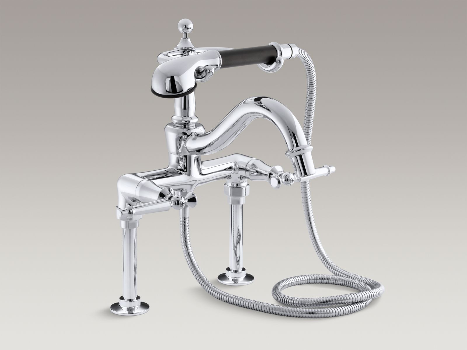 Antique floor/wall bath faucet with lever handles and handshower
