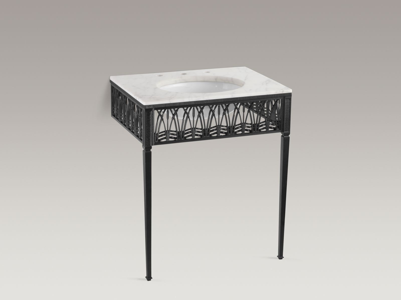 Shown with Iron Console tabletop K-3003-K1, Iron Flute® Lavatory K-2816-P5 and standrad pop-up drain, not included.