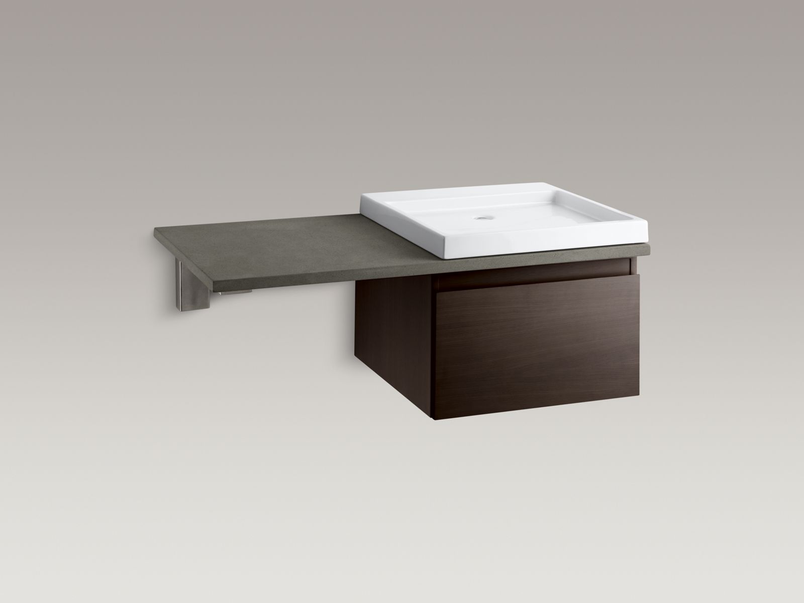 Shown with Purist®  vanity K-3081-F4, Wading Pool® lavatory K-2314-0, and countertop bracket K-9676-NA and standard pop-up drain, not included.