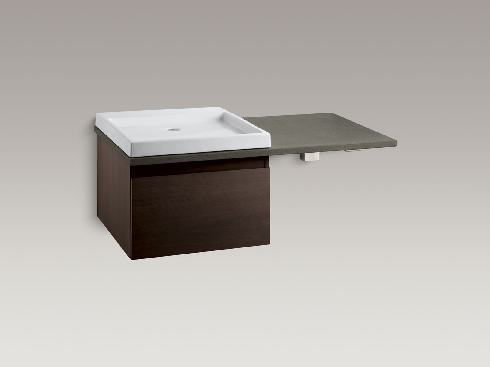 Shown with Purist®  vanity K-3081-F4, Wading Pool® lavatory K-2314-0, countertop bracket K-9667-NA and standard pop-up drain, not included.