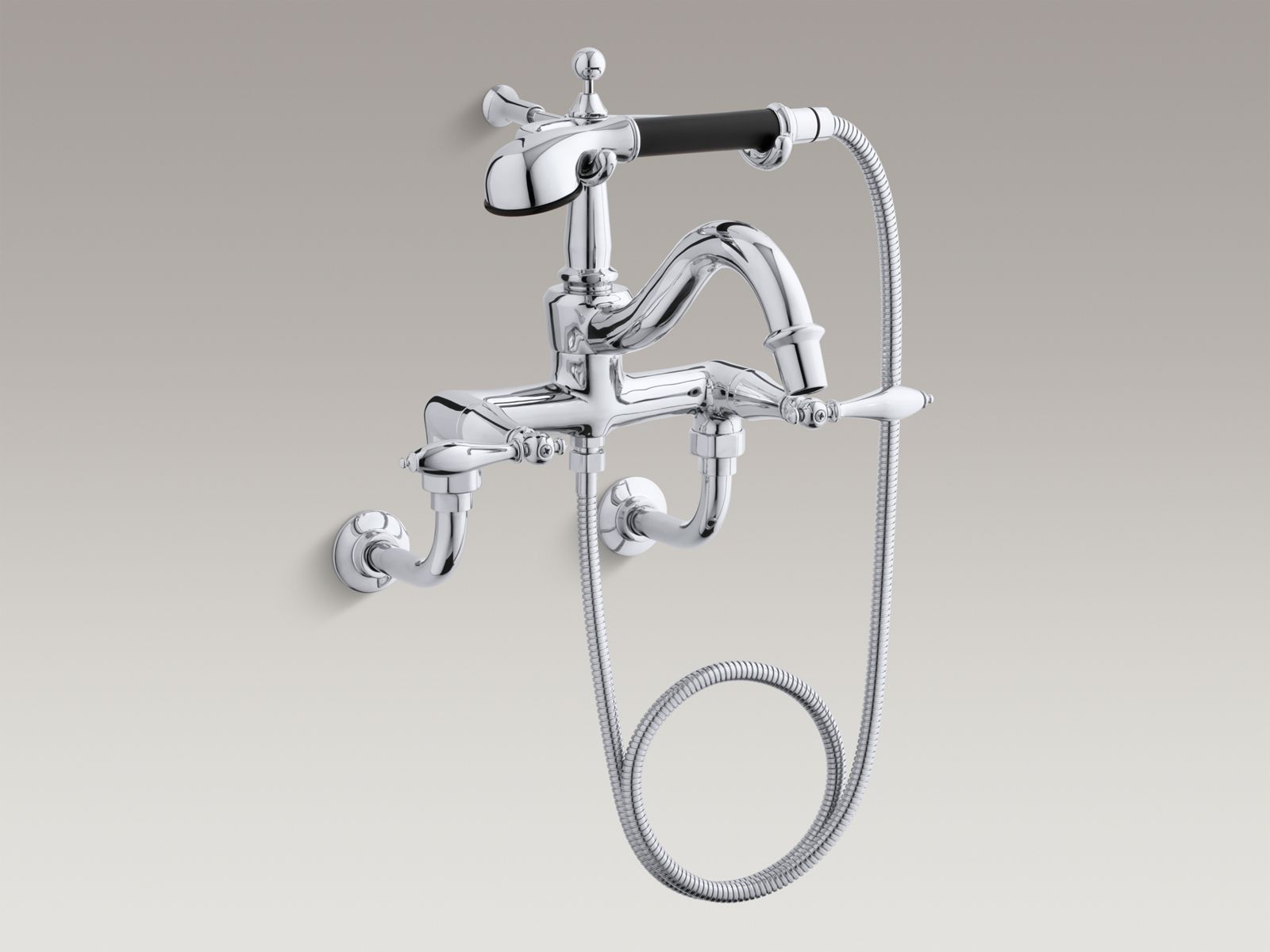 Finial® traditional bath faucet with lever handles, diverter spout, polished finish accents and handshower