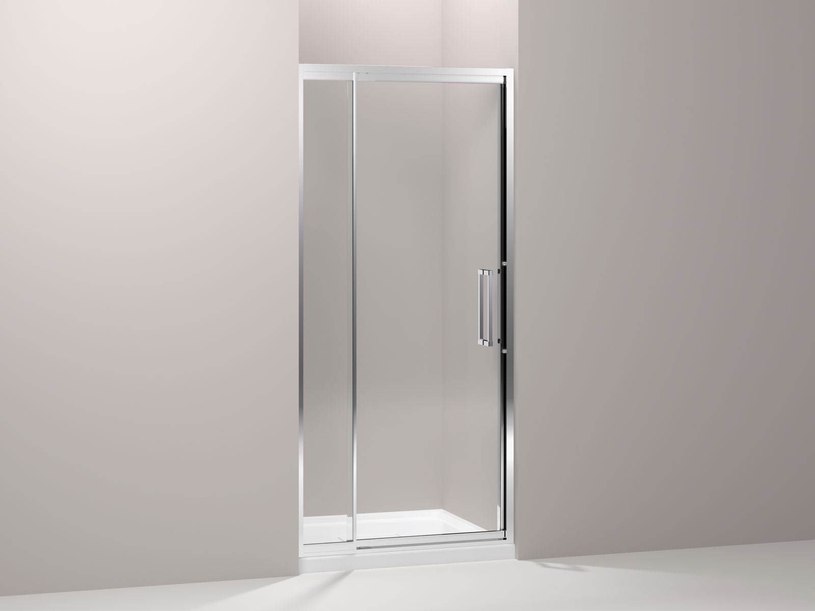 Lattis® semi-frameless pivot shower door with 3/8" thick Crystal Clear glass, 30" - 33" x 76"