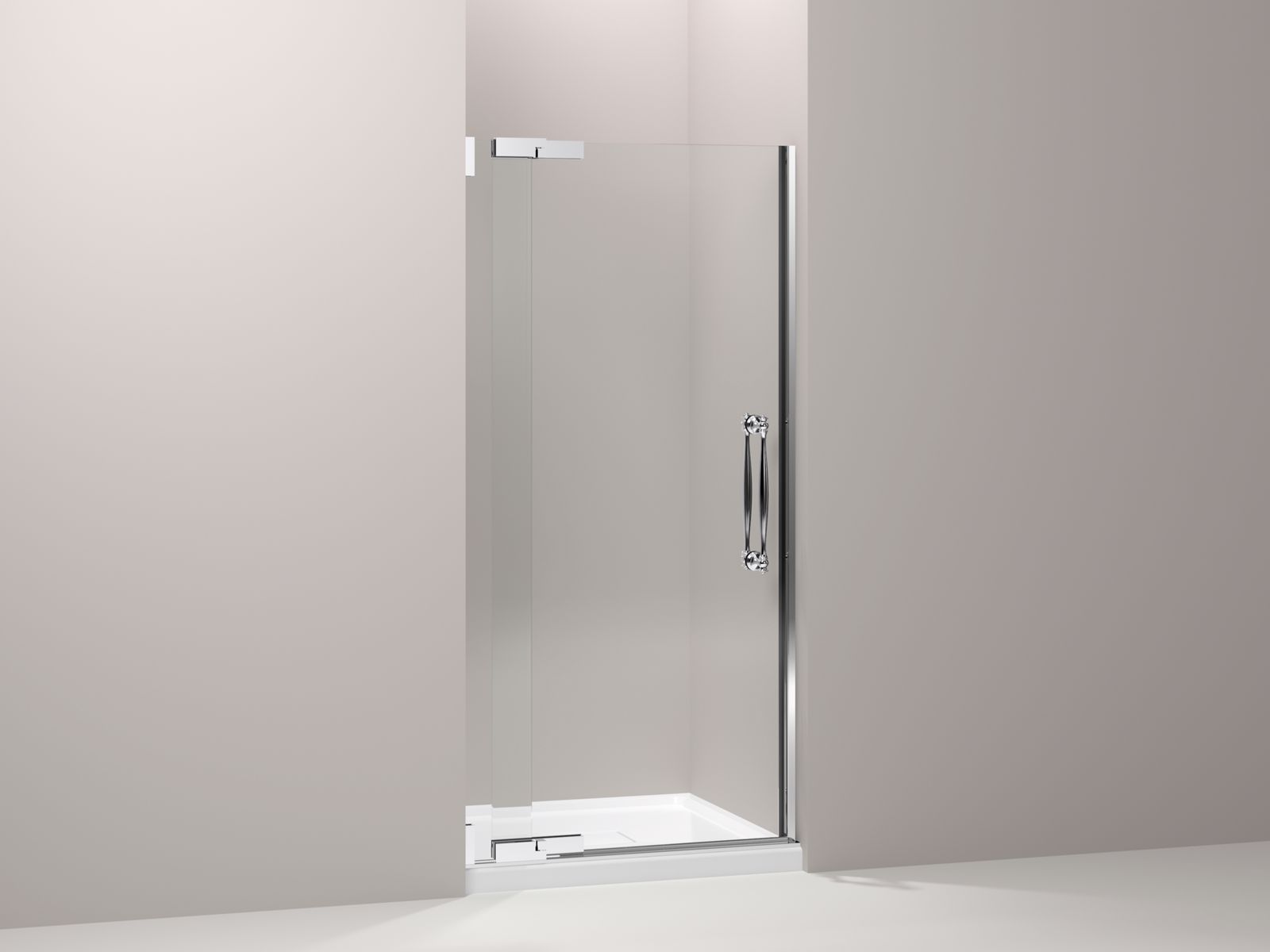 Finial® frameless pivot shower door with 1/2" thick Crystal Clear glass, 33-1/4" - 35-3/4" x 72-1/4"