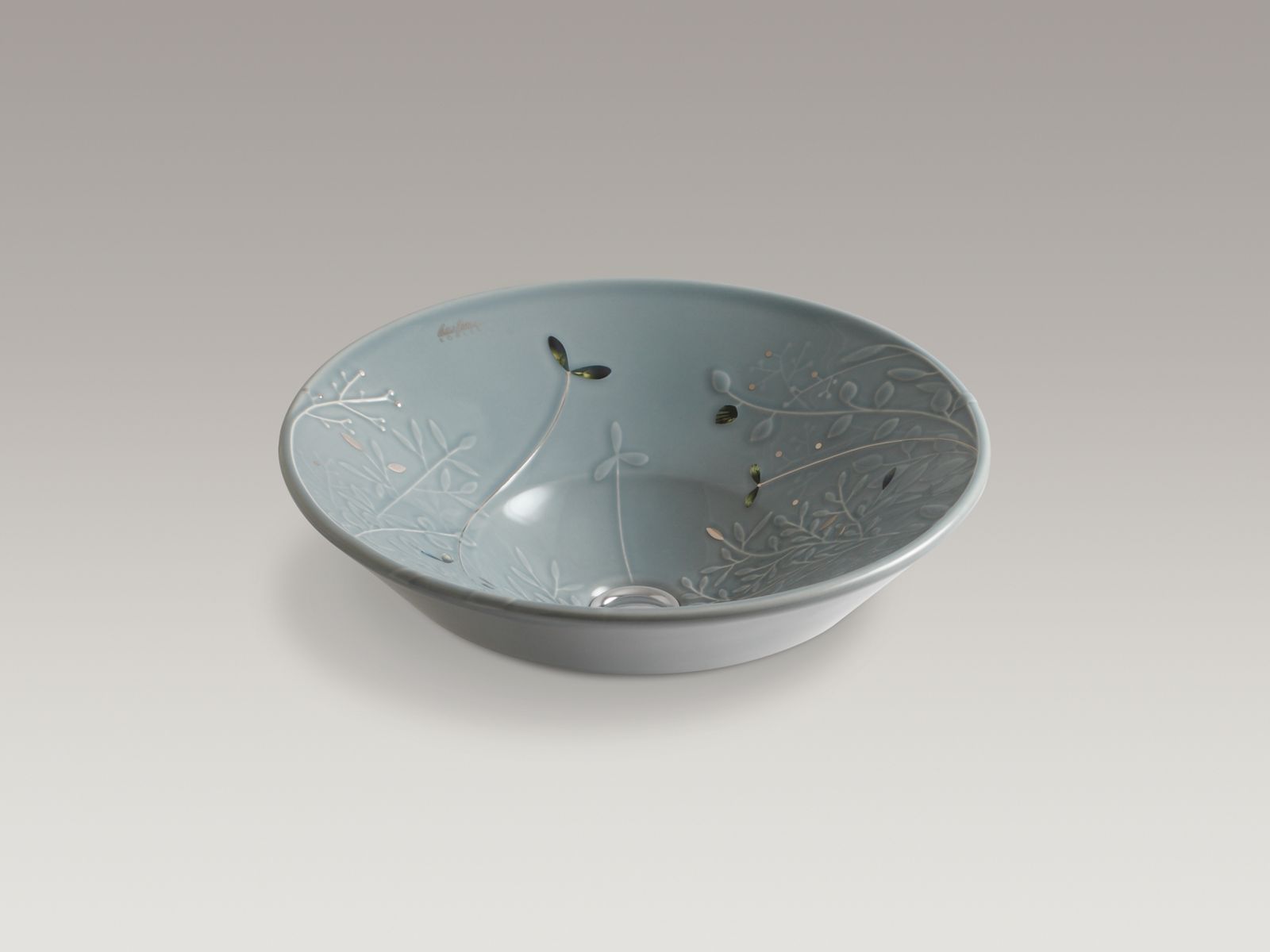 Gilded Meadow™ design on Conical Bell® Vessels above-counter bathroom sink with Platinum accents