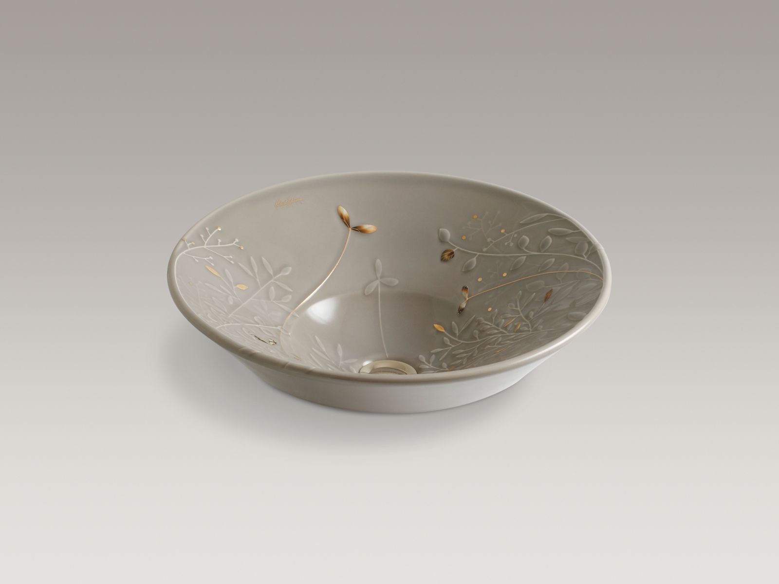 Gilded Meadow™ design on Conical Bell® Vessels above-counter bathroom sink with Gold accents