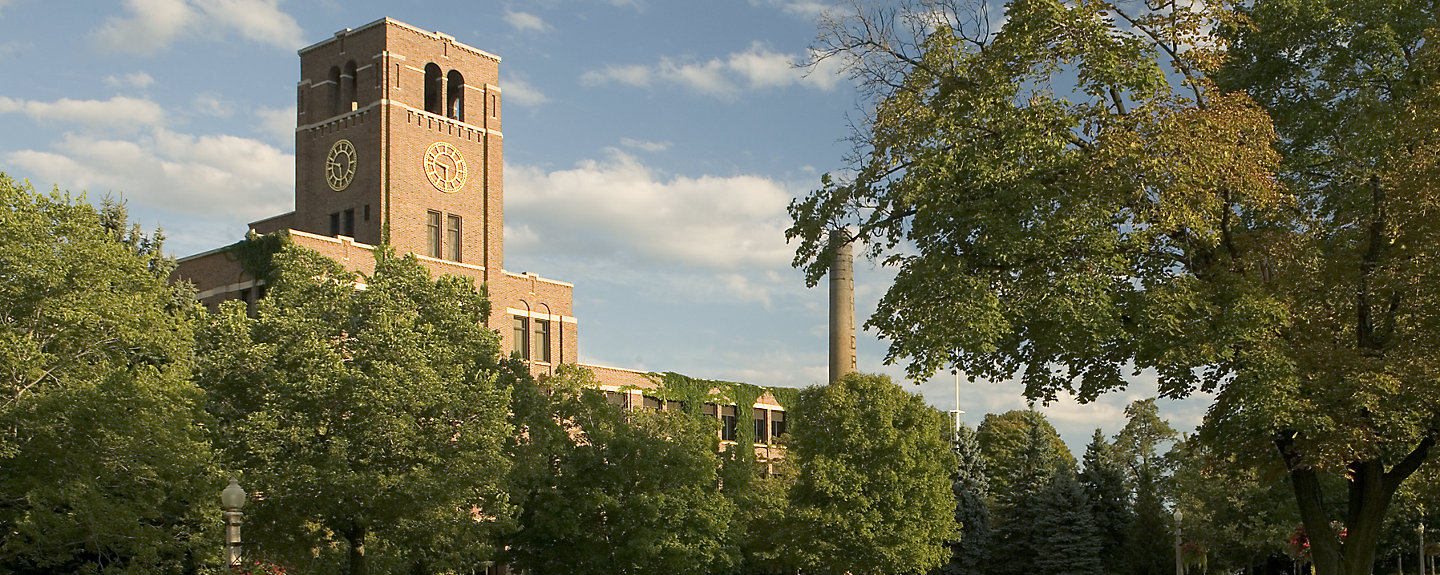 A wide shot of a brick building at Kohler headquarters in Kohler, Wisconsin