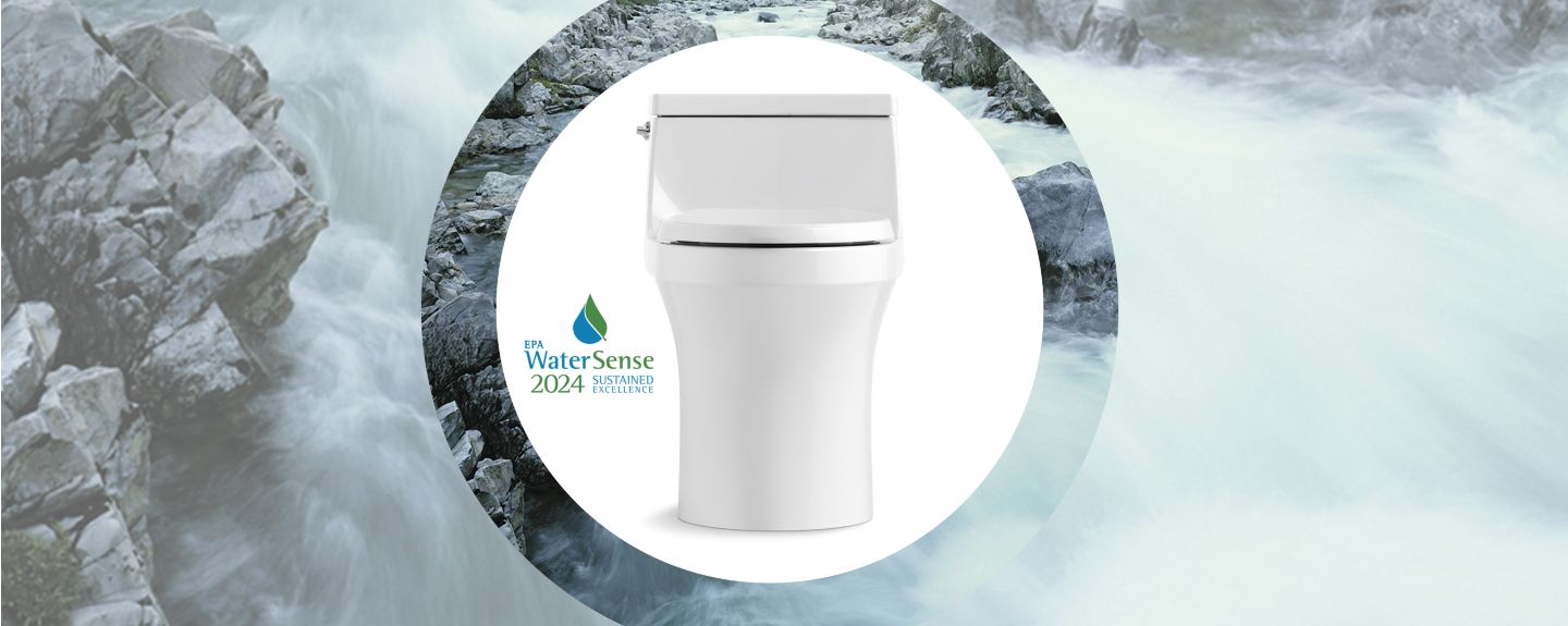 A KOHLER toilet in a white circle set atop an image of rocky cliffs and fast-moving water