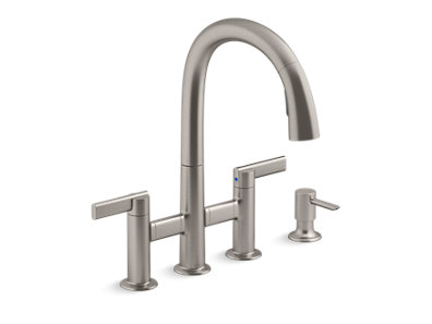 Otira&trade; Pull-down bridge kitchen sink faucet with soap/lotion dispenser