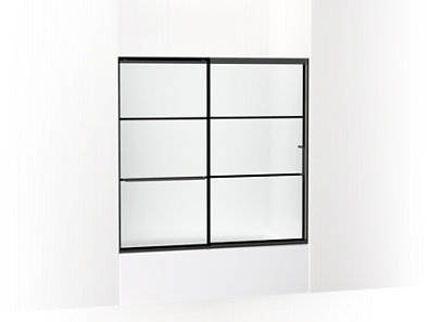 Elate&trade; Sliding bath door, 56-3/4" H x 56-1/4 - 59-5/8" W with heavy 5/16" thick Frosted glass with rectangular grille pattern