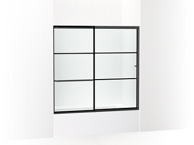 Elate&trade; Sliding bath door, 56-3/4" H x 56-1/4 - 59-5/8" W with heavy 5/16" thick Crystal Clear glass with rectangular grille pattern