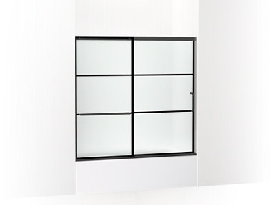 Elate&trade; Sliding bath door, 56-3/4" H x 56-1/4 - 59-5/8" W, with 1/4" thick Frosted glass with rectangular grille pattern