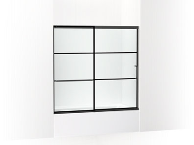 Elate&trade; Sliding bath door, 56-3/4" H x 56-1/4 - 59-5/8" W, with 1/4" thick Crystal Clear glass with rectangular grille pattern