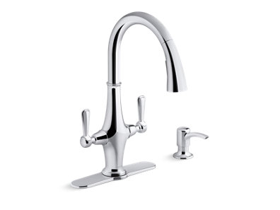 Pannier&trade; Two-handle pull-down kitchen sink faucet with soap/lotion dispenser