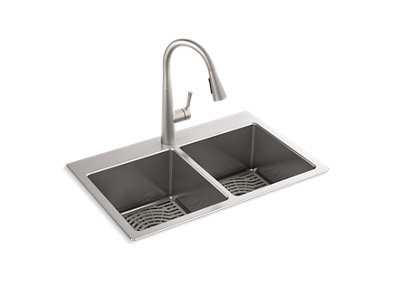Cursiva® 33" top/undermount double-bowl kitchen sink kit