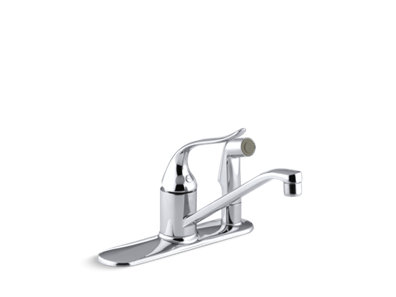 Coralais® Three-hole kitchen sink faucet with 8-1/2" spout, matching finish sidespray through escutcheon and lever handle