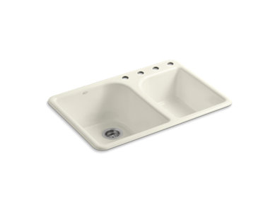 Executive Chef&trade; 33" x 22" x 10-5/8" top-mount large/medium, high/low double-bowl kitchen sink with 4 faucet holes