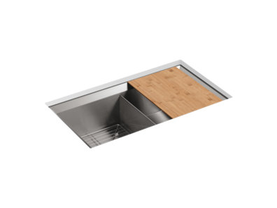 Poise® 33" x 18" x 9-1/2" undermount double-equal bowl kitchen sink, includes cutting board and rack