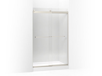 Levity® Sliding shower door, 74" H x 44-5/8 - 47-5/8" W, with 3/8" thick Crystal Clear glass and square towel bar