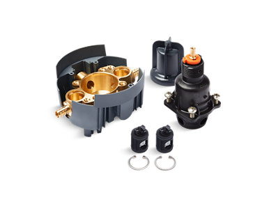 Rite-Temp® Pressure-balancing valve body and cartridge kit with service stops and PEX crimp connections