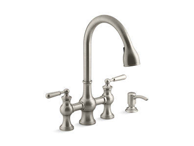 Capilano® Pull-down bridge kitchen faucet with soap/lotion dispenser
