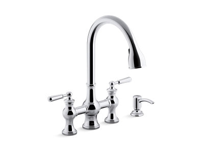 Capilano® pull-down bridge kitchen faucet with soap/lotion dispenser
