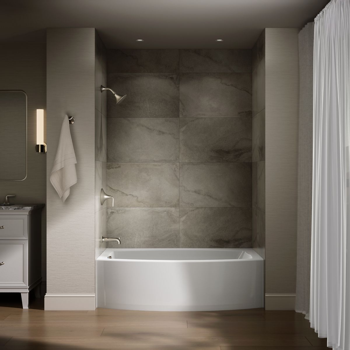 Up to 2 walls & multiple product categories visible, 1-point perspective