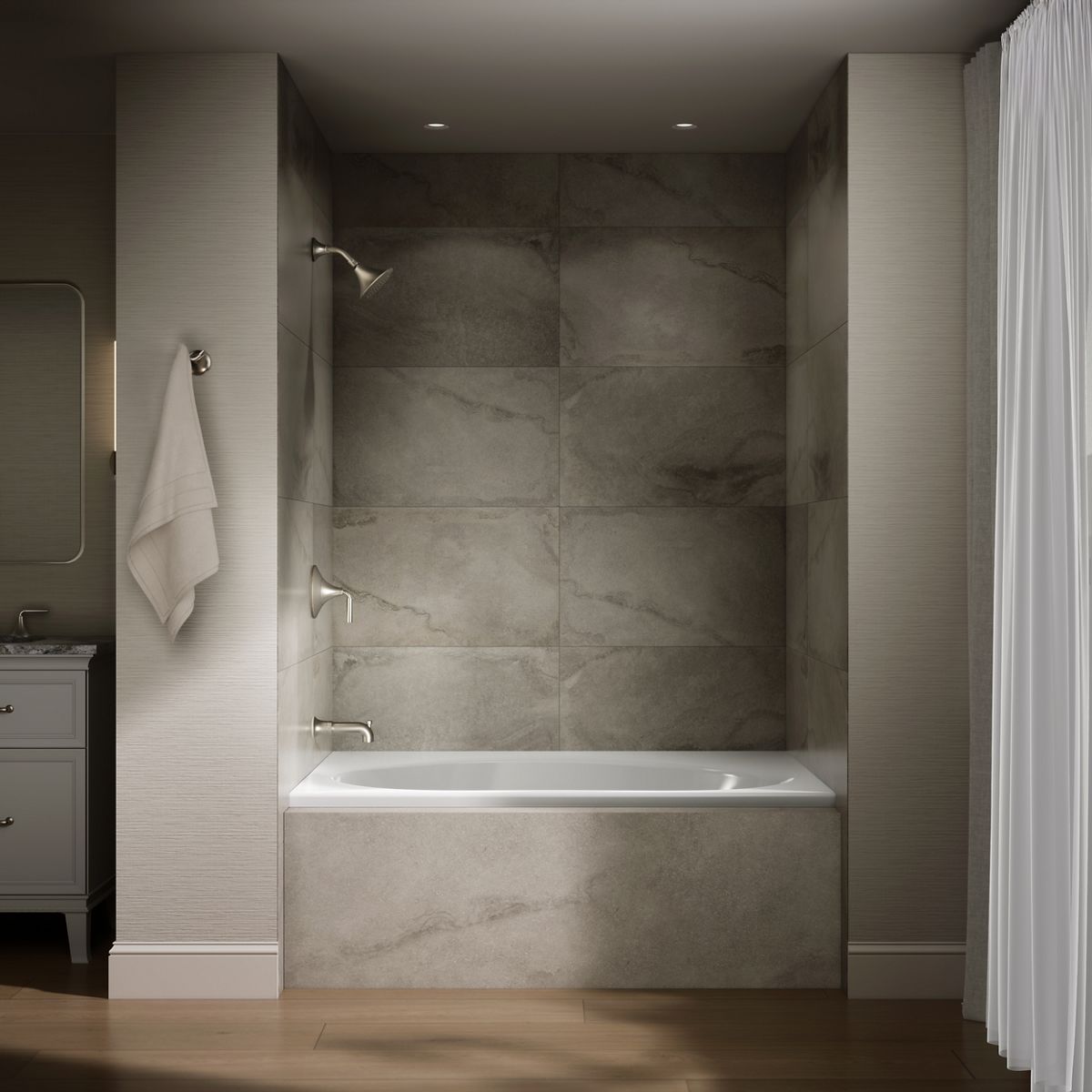 Up to 2 walls & multiple product categories visible, 1-point perspective