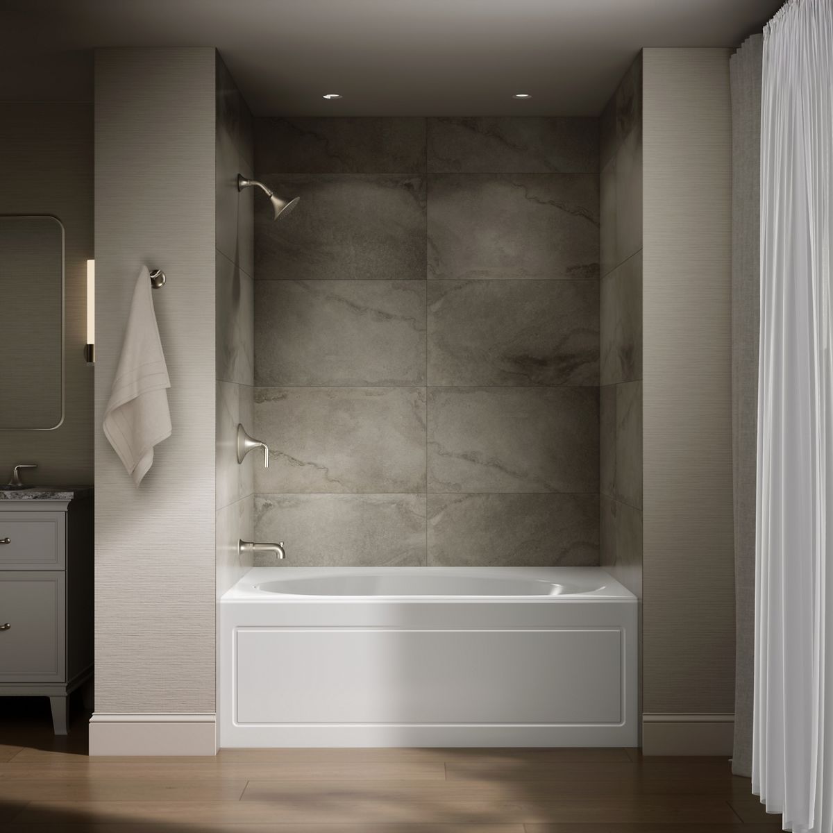 Up to 2 walls & multiple product categories visible, 1-point perspective