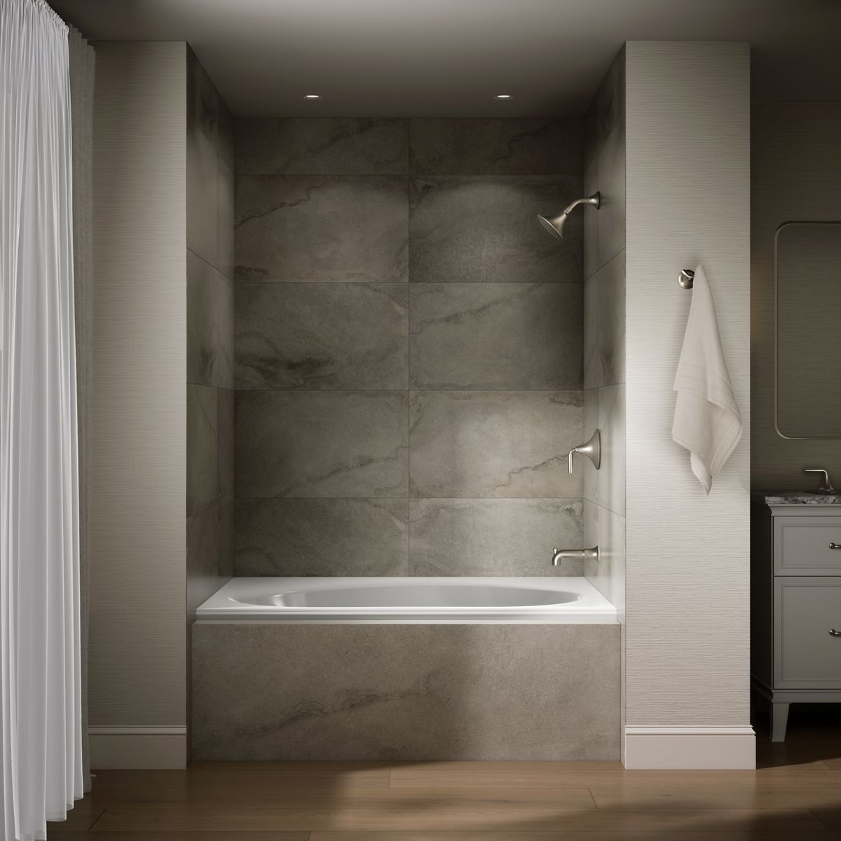 Up to 2 walls & multiple product categories visible, 1-point perspective