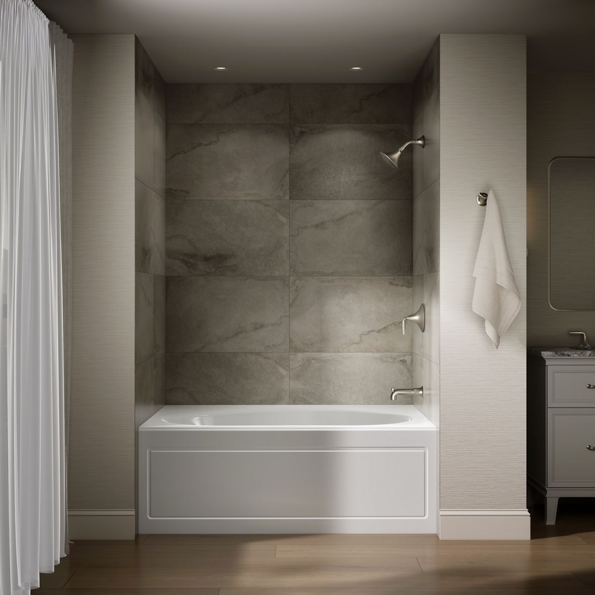 Up to 2 walls & multiple product categories visible, 1-point perspective