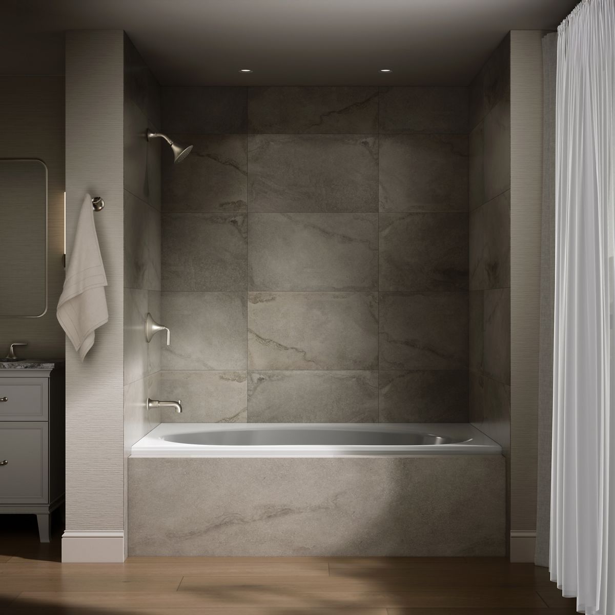 Up to 2 walls & multiple product categories visible, 1-point perspective