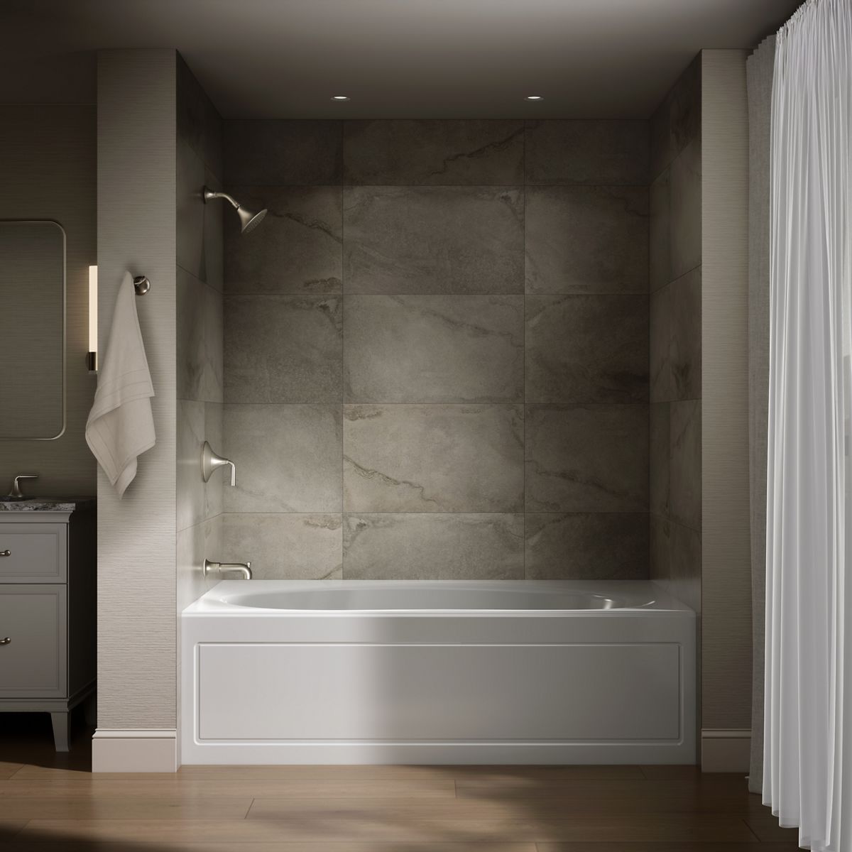 Up to 2 walls & multiple product categories visible, 1-point perspective