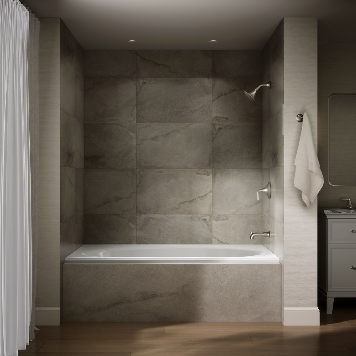 Up to 2 walls & multiple product categories visible, 1-point perspective
