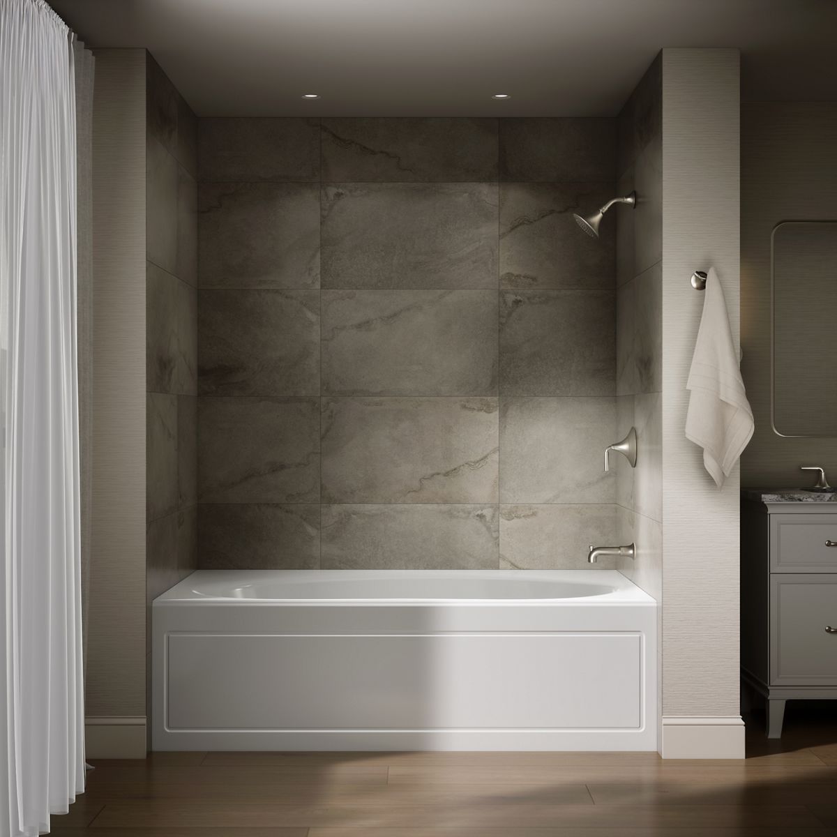 Up to 2 walls & multiple product categories visible, 1-point perspective