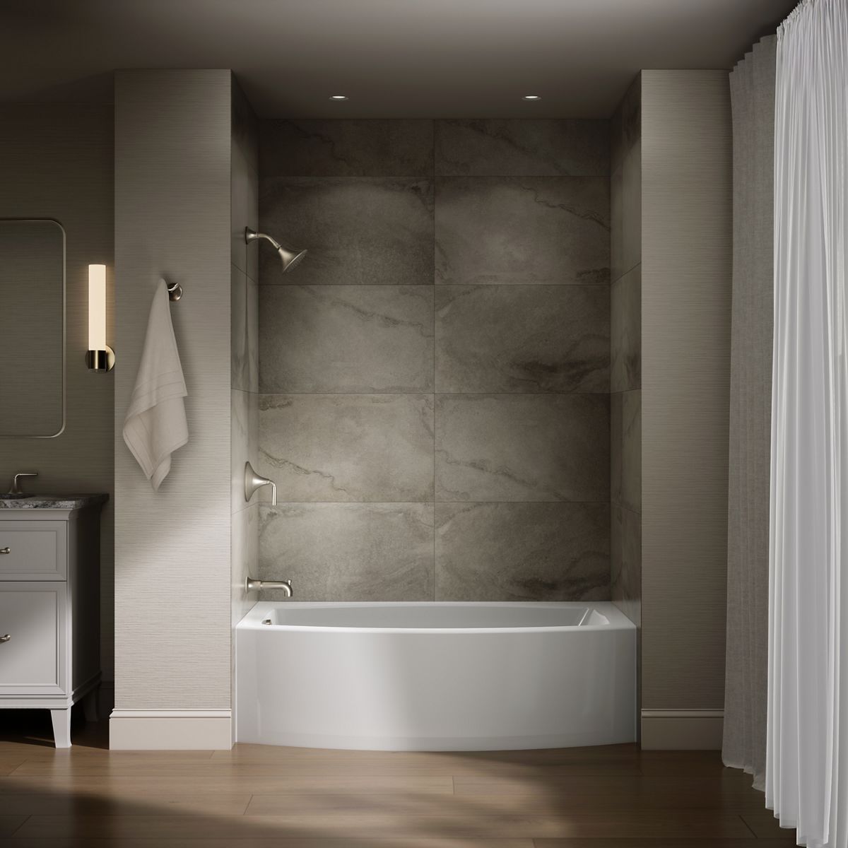 Up to 2 walls & multiple product categories visible, 1-point perspective