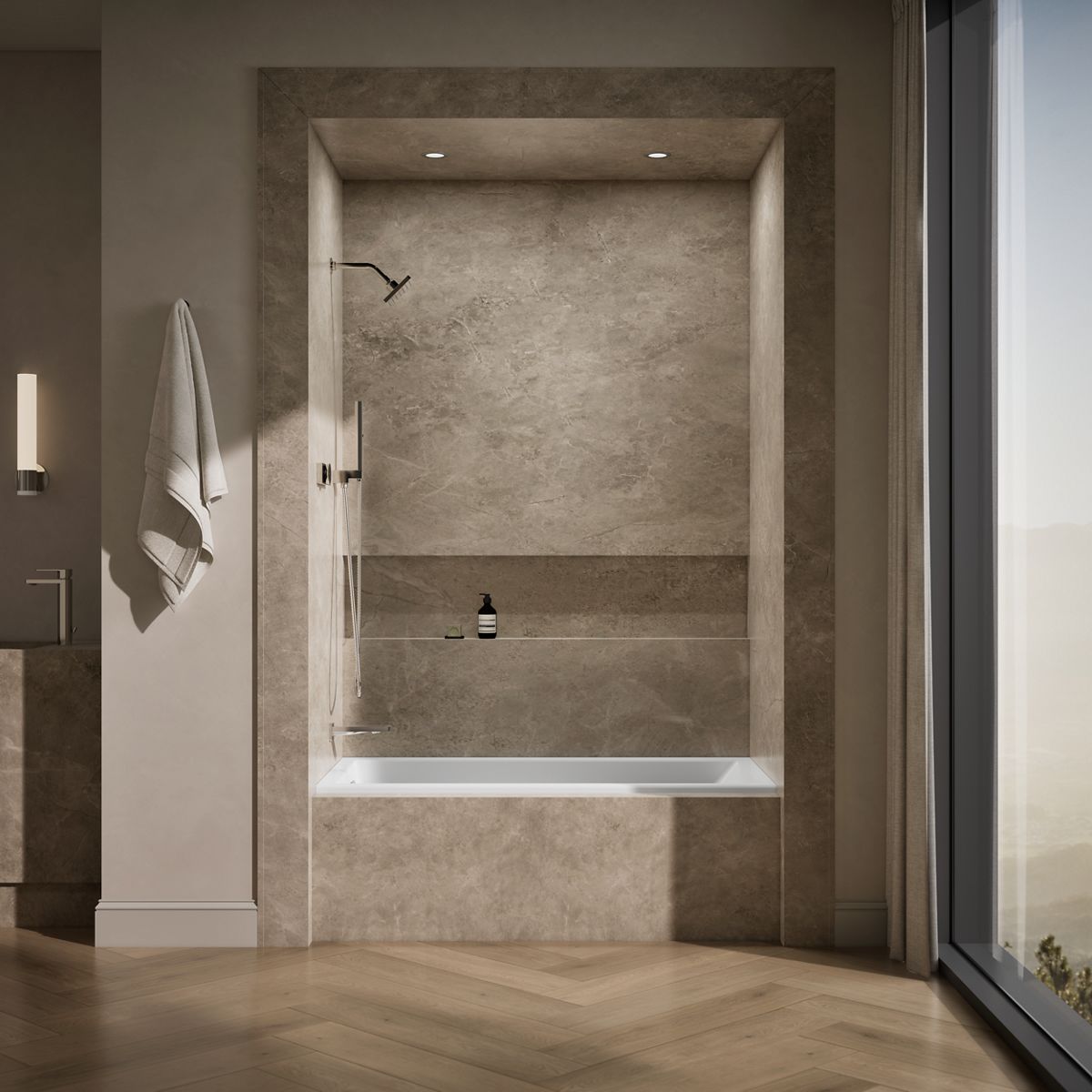 Up to 2 walls & multiple product categories visible, 1-point perspective