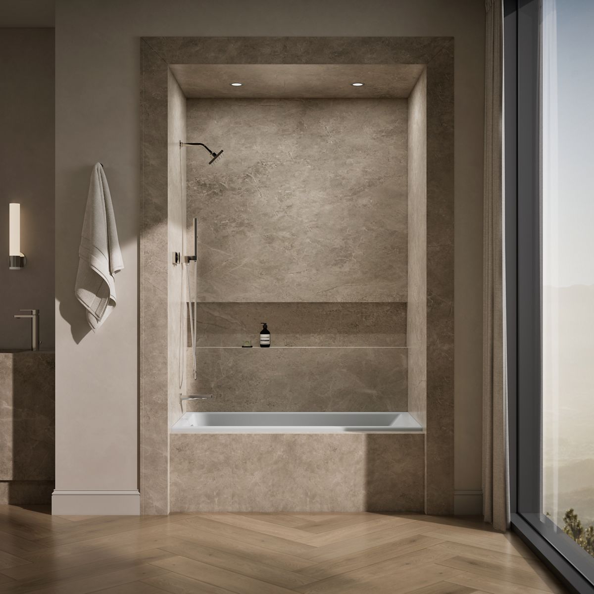 Up to 2 walls & multiple product categories visible, 1-point perspective