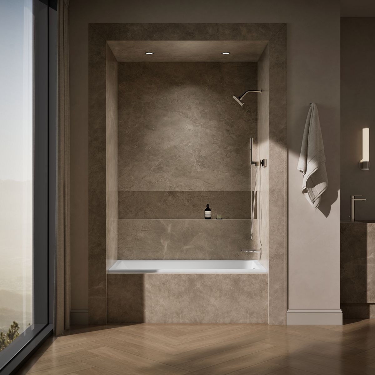 Up to 2 walls & multiple product categories visible, 1-point perspective