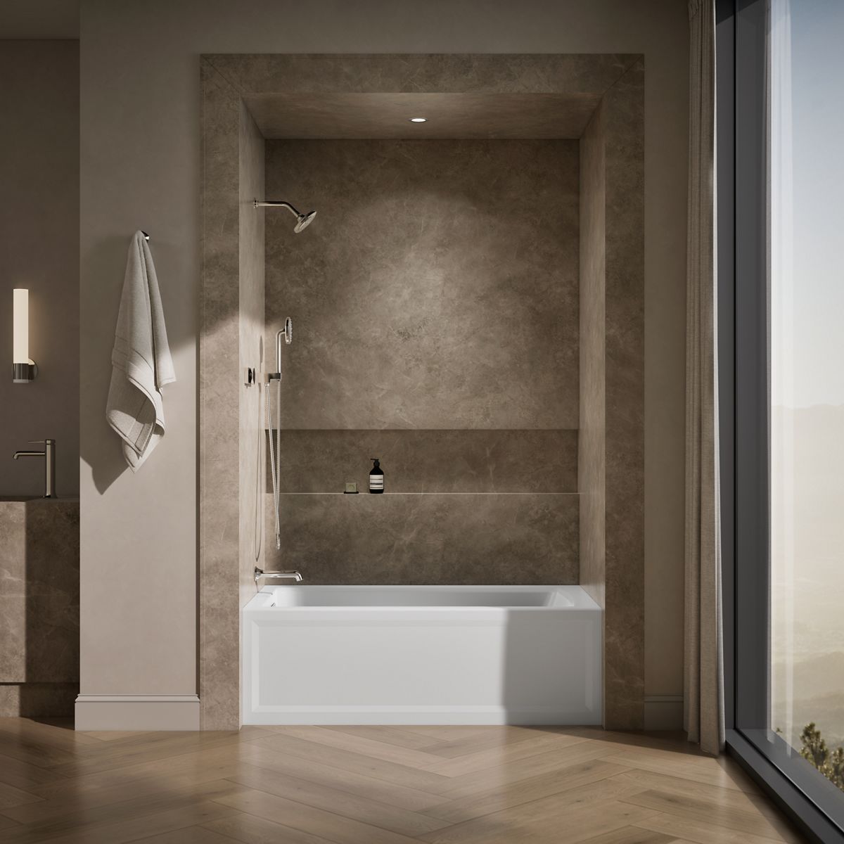 Up to 2 walls & multiple product categories visible, 1-point perspective