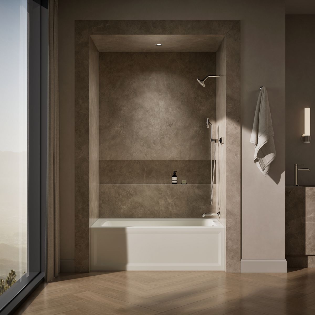 Up to 2 walls & multiple product categories visible, 1-point perspective