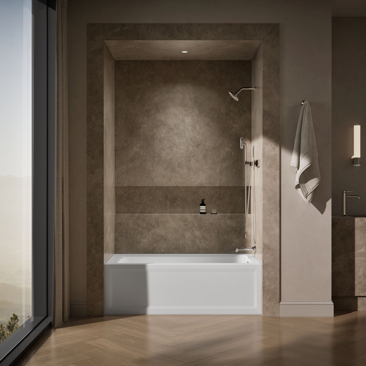 Up to 2 walls & multiple product categories visible, 1-point perspective