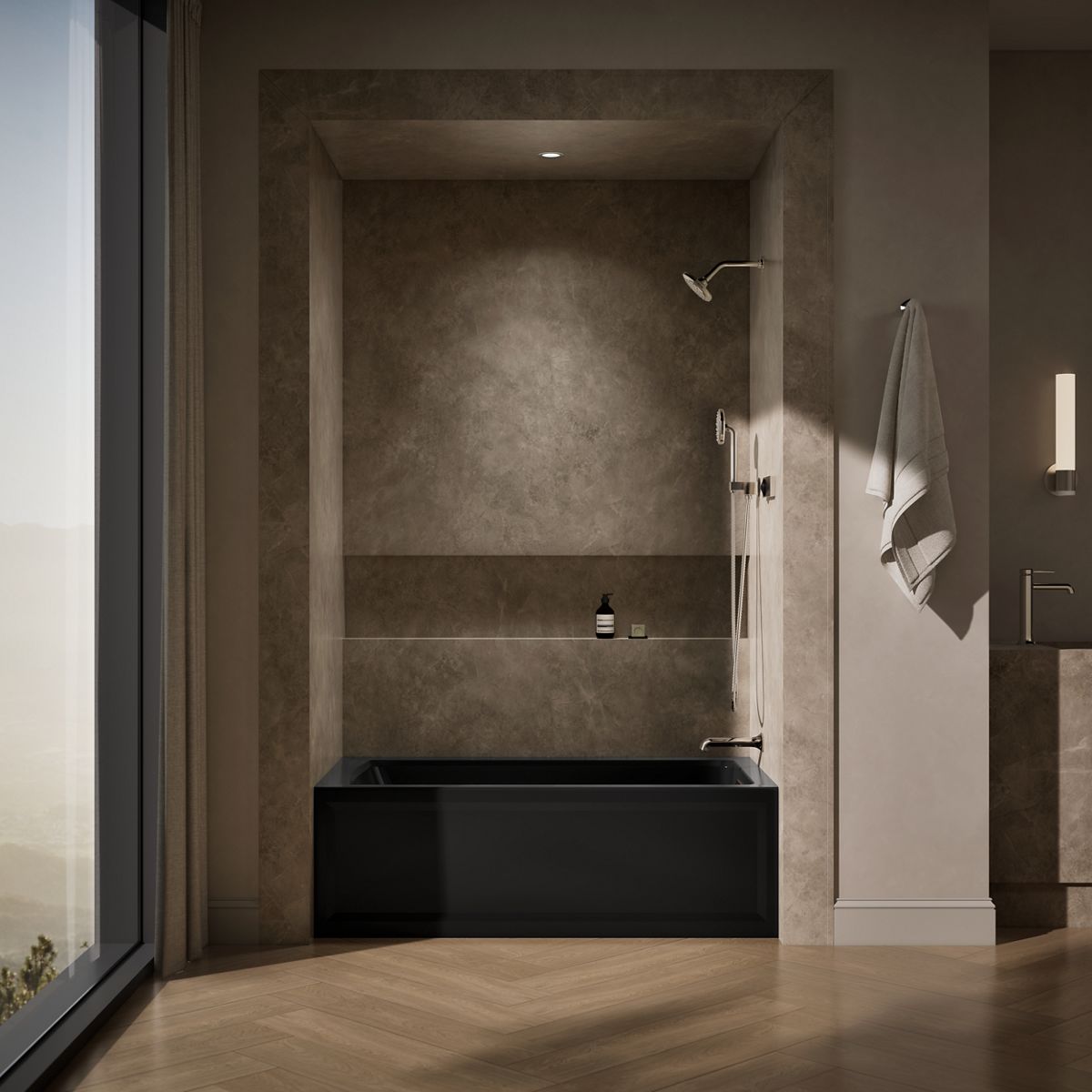 Up to 2 walls & multiple product categories visible, 1-point perspective