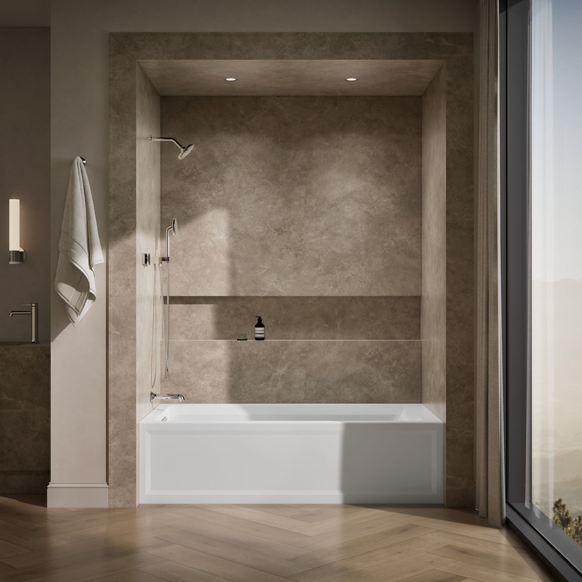 Up to 2 walls & multiple product categories visible, 1-point perspective