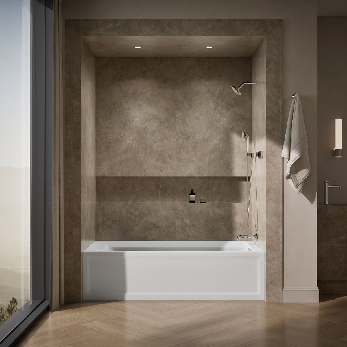 Up to 2 walls & multiple product categories visible, 1-point perspective