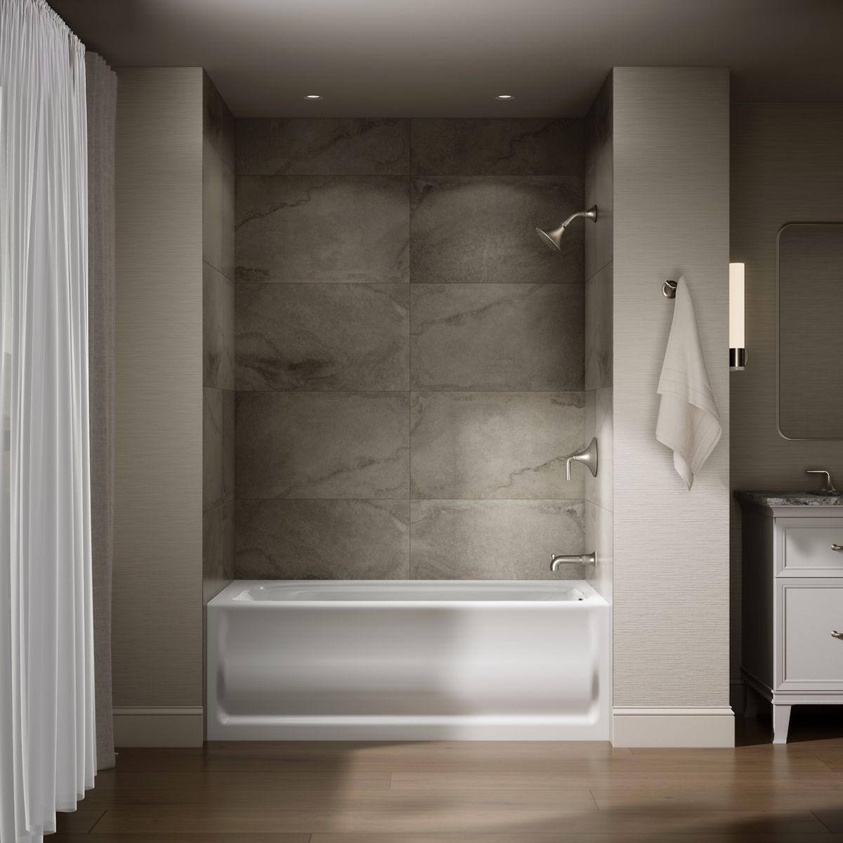 Up to 2 walls & multiple product categories visible, 1-point perspective