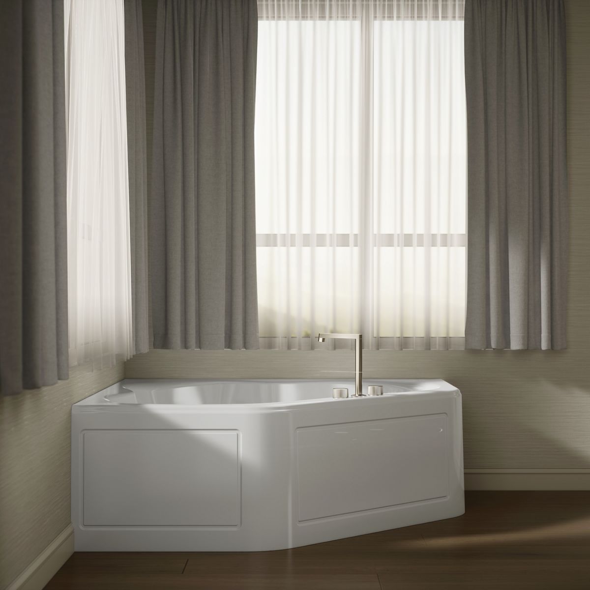 Up to 2 walls & multiple product categories visible, 1-point perspective
