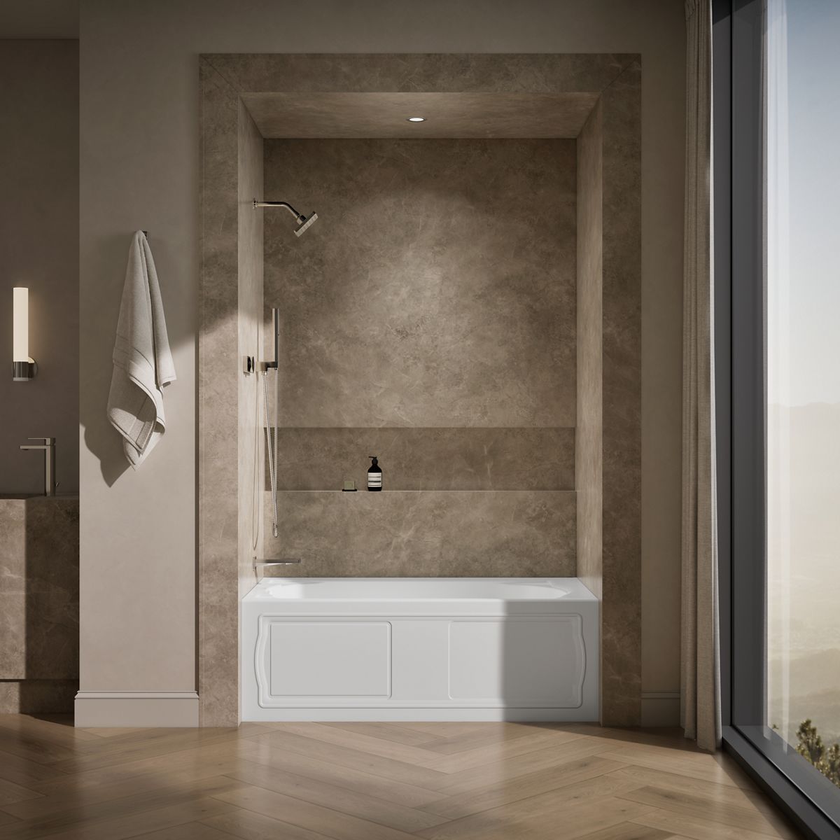 Up to 2 walls & multiple product categories visible, 1-point perspective