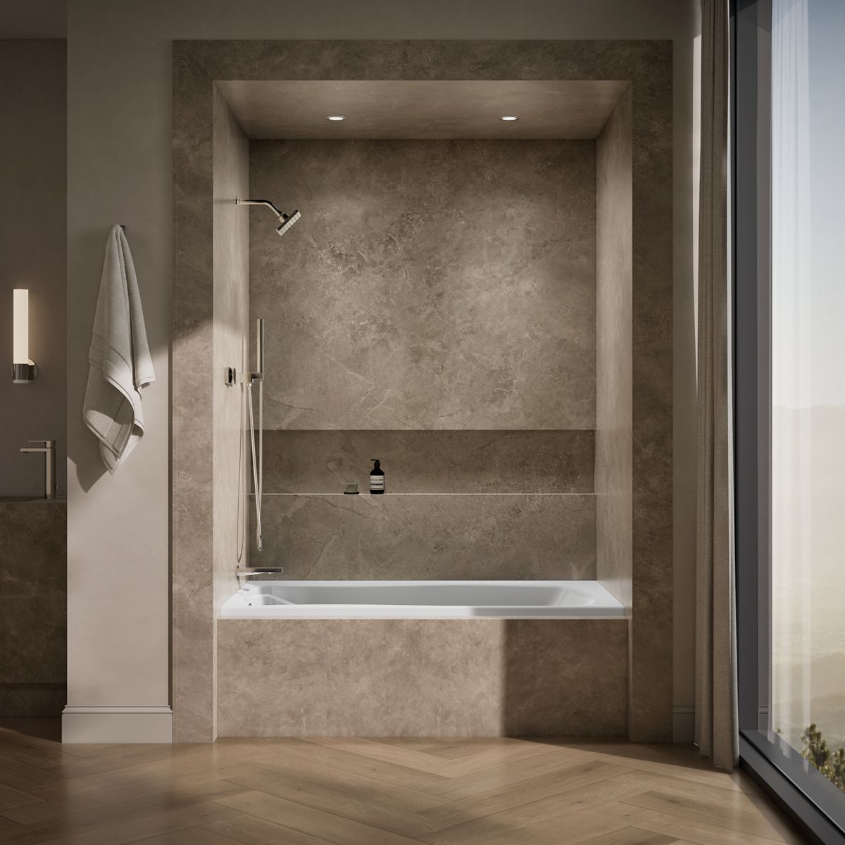 Up to 2 walls & multiple product categories visible, 1-point perspective