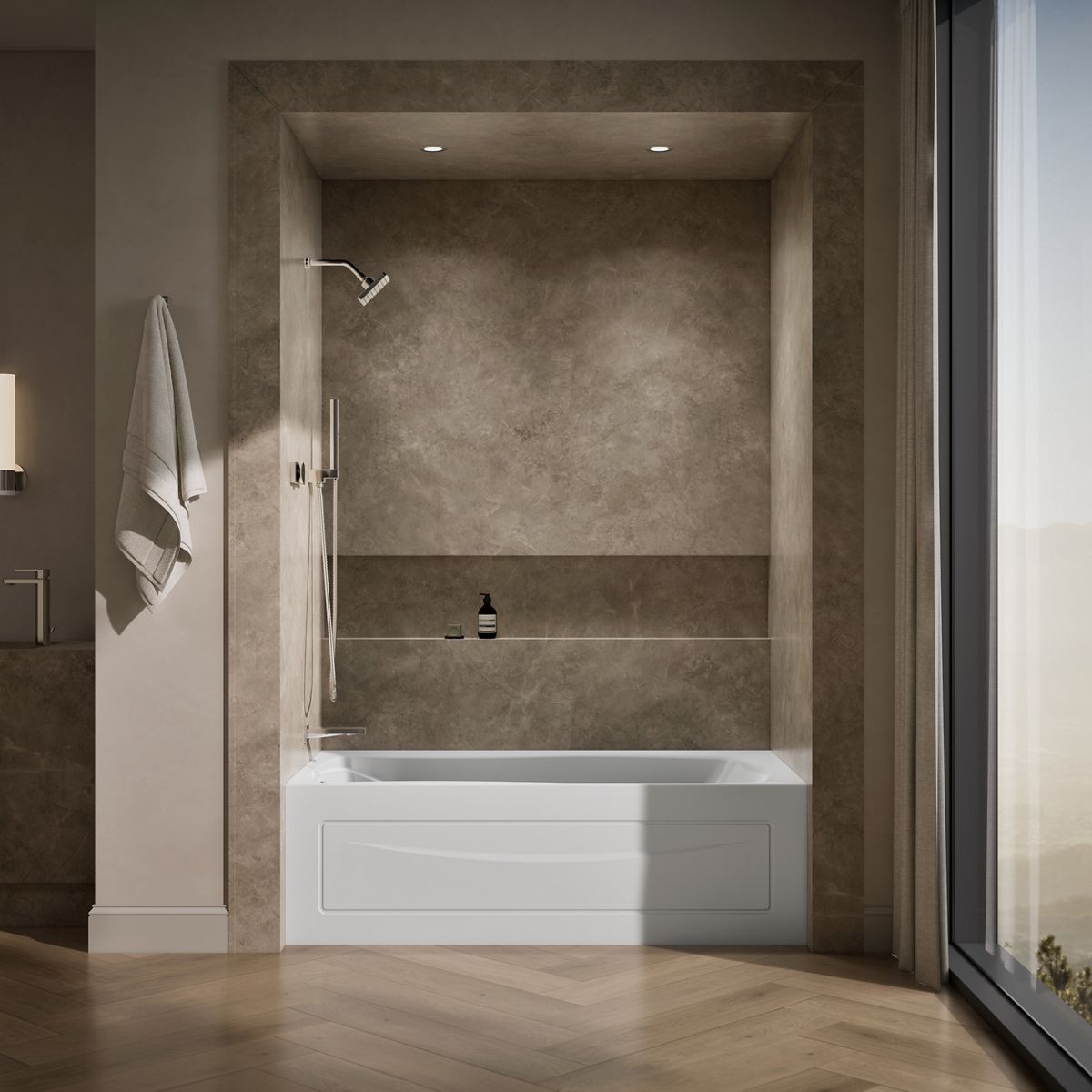 Up to 2 walls & multiple product categories visible, 1-point perspective
